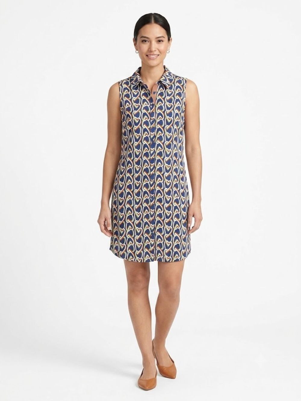 Cabi Navy Button-Up with Orange & Lime Stripes Dress, Size S
